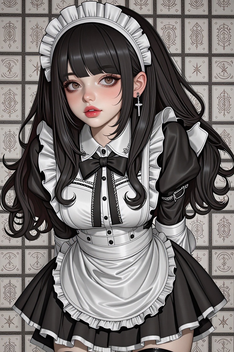 a woman dressed in a maid outfit is stunning. She is wearing a black and white maid outfit,  adorned with a black bow tie,...