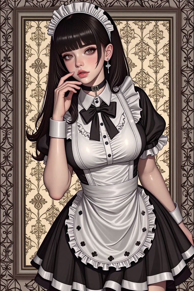 a woman dressed in a maid outfit is stunning. She is wearing a black and white maid outfit,  adorned with a black bow tie,...