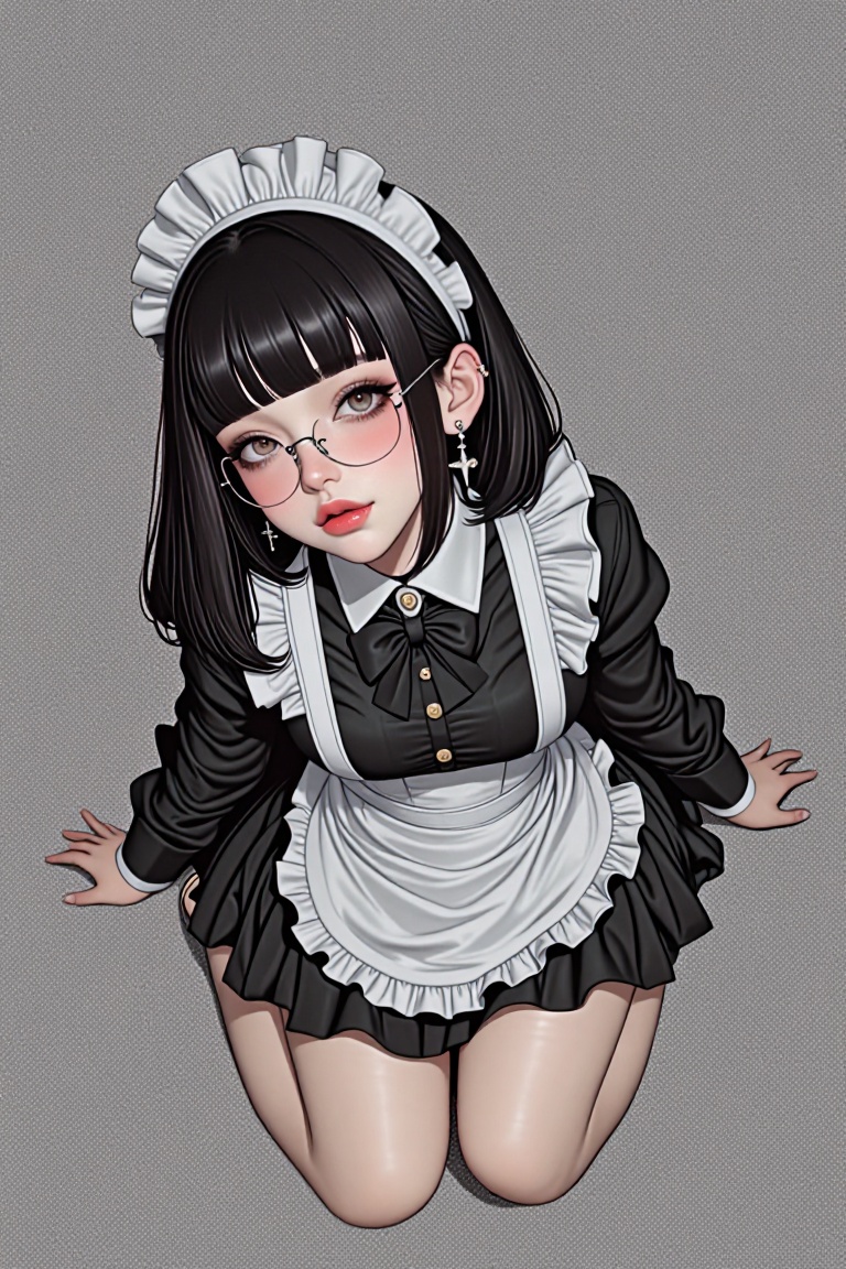 a woman dressed in a maid outfit is stunning. She is wearing a black and white maid outfit,  adorned with a black bow tie,...