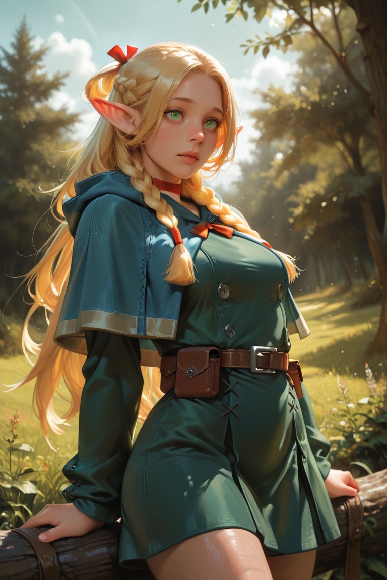masterpiece, best quality, photorealistic, detailed, depth of field, high detail, best quality, very aesthetic, 8k, ultra-HD, 1girl, marcille donato, elf, (short dress, green dress), cowboy shot, outdoors, dynamic pose