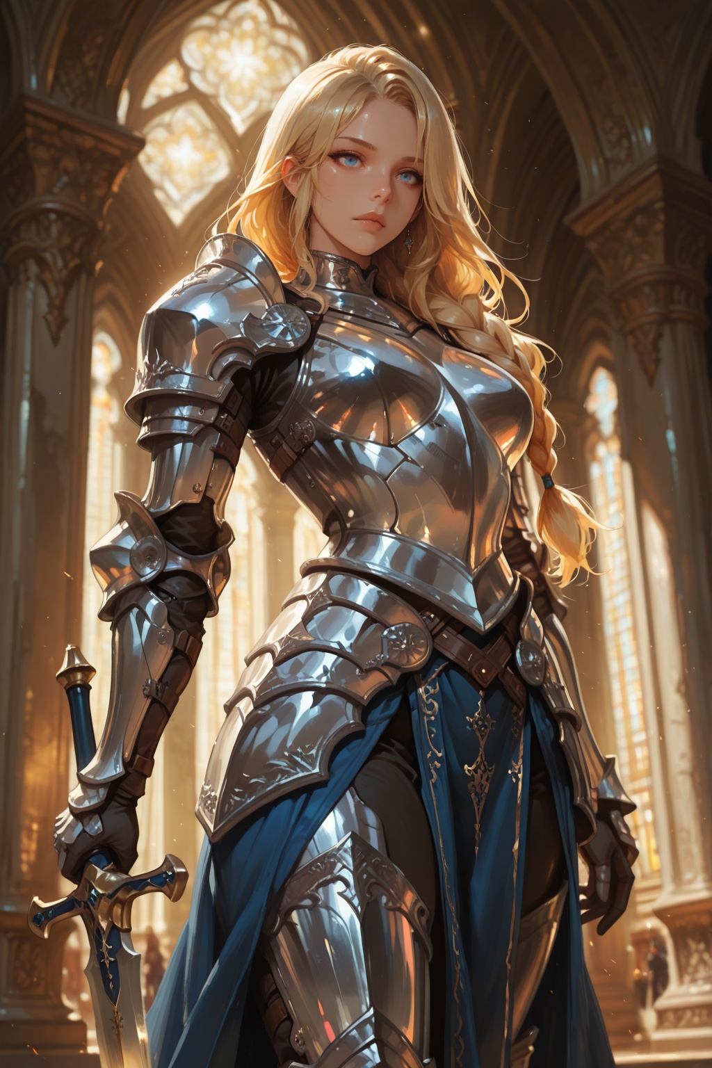 A blonde woman in intricate, shiny silver armor with blue eyes and parted bangs holds a sword, standing in a grand, golden-lit cathedral.((1girl, solo, long hair, breasts, looking at viewer, blue eyes, blonde hair, holding, closed mouth, very long hair, standing, braid, weapon, sidelocks, cowboy shot, sword, holding weapon, armor, parted bangs, eyelashes, hand on own hip, single braid, holding sword, shoulder armor, gauntlets, pelvic curtain, forehead, braided ponytail, pauldrons, breastplate, planted, pillar, knight, planted sword, plate armor):0.5), masterwork, masterpiece, best quality, detailed, depth of field, , high detail, best quality, very aesthetic, 8k, dynamic pose, depth of field, dynamic angle, *****, aged up,