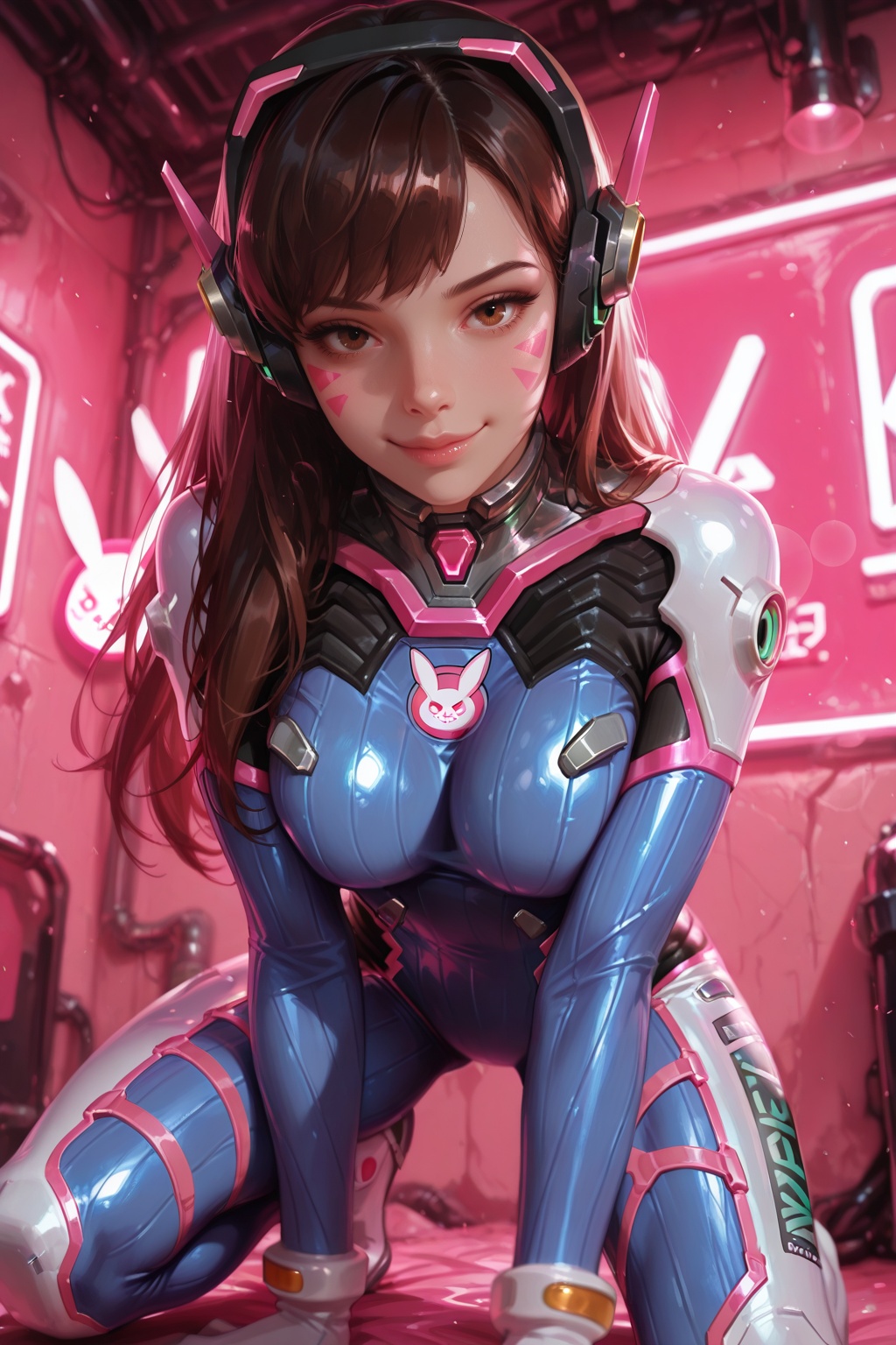 masterpiece, best quality, very aesthetic, detailed, depth of field, high detail, best quality, 8k, dynamic pose, depth of field, anime coloring,
perfect eyes,InkSediment,petravoice,


d.va \(overwatch\), 1girl, solo,
brown hair, long hair,
brown eyes, large breasts, skin tight, 
bodysuit, seductive smile,
sitting, on one knee,
looking at viewer, face focus,
pink theme,
depth of field, lens flare, neon lights