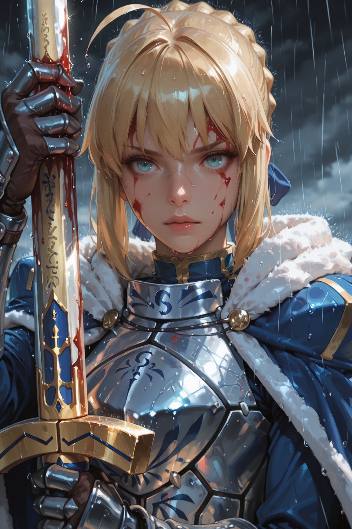 masterpiece, best quality, detailed, depth of field, high detail, best quality, very aesthetic, 8k, ultra-HD, artoria pendragon \(fate\), saber \(fate\), 1girl, solo, blue eyes, blonde hair, holding, weapon, sword, holding weapon, armor, lips, blood, gauntlets, rain, blood on face, armored dress, excalibur \(fate/stay night\))