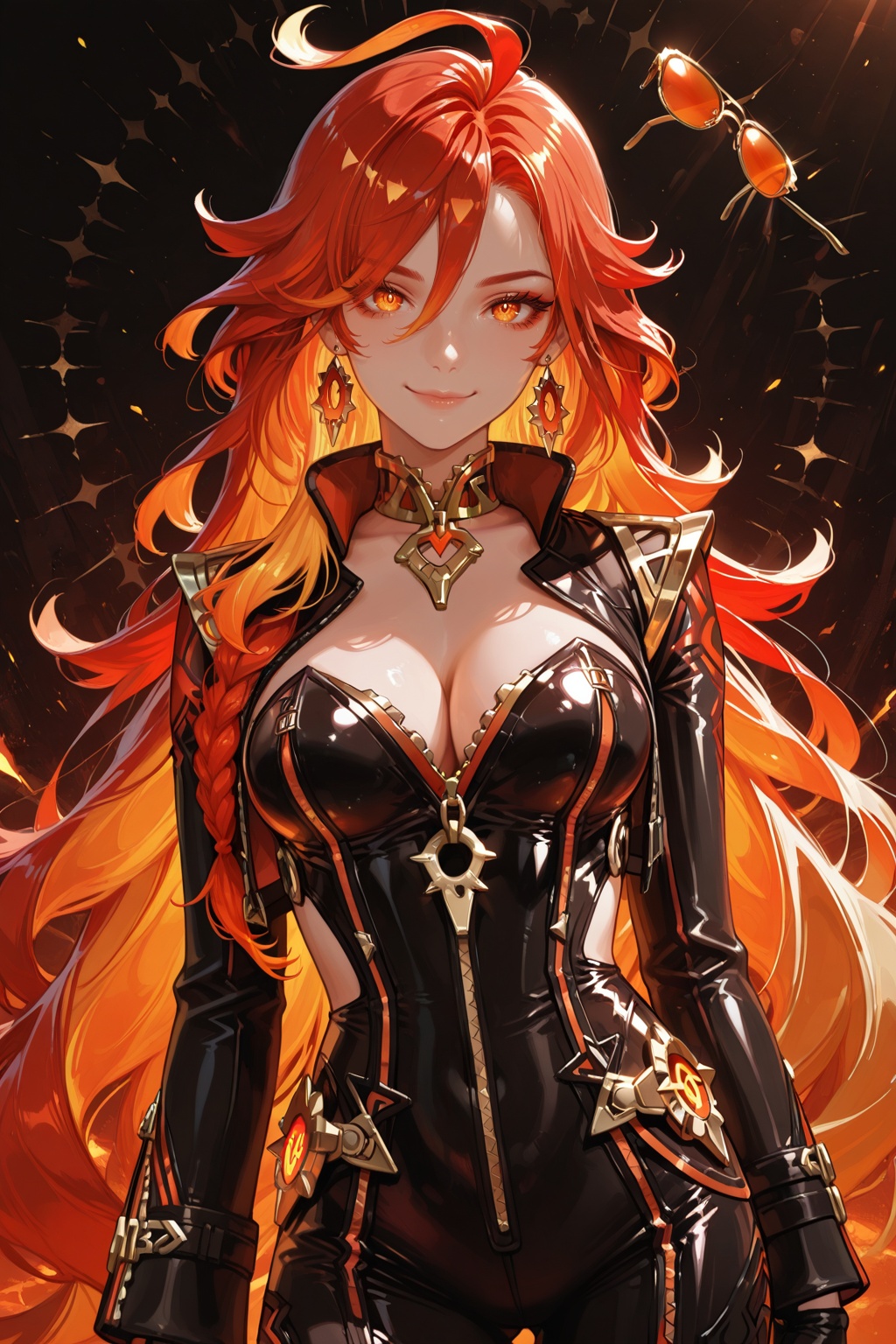masterpiece, best quality, good quality, 1girl, mavuika \(genshin impact\), ahoge, black bodysuit, black gloves, blonde hair, bodysuit, breasts, cleavage, closed mouth, earrings, gloves, hair between eyes, jewelry, long hair, long sleeves, looking at viewer, medium breasts, multicolored hair, orange-tinted eyewear, orange eyes, red hair, rimless eyewear, smile, solo, standing, sunburst iris, tinted eyewear, two-tone hair, unworn eyewear, very long hair