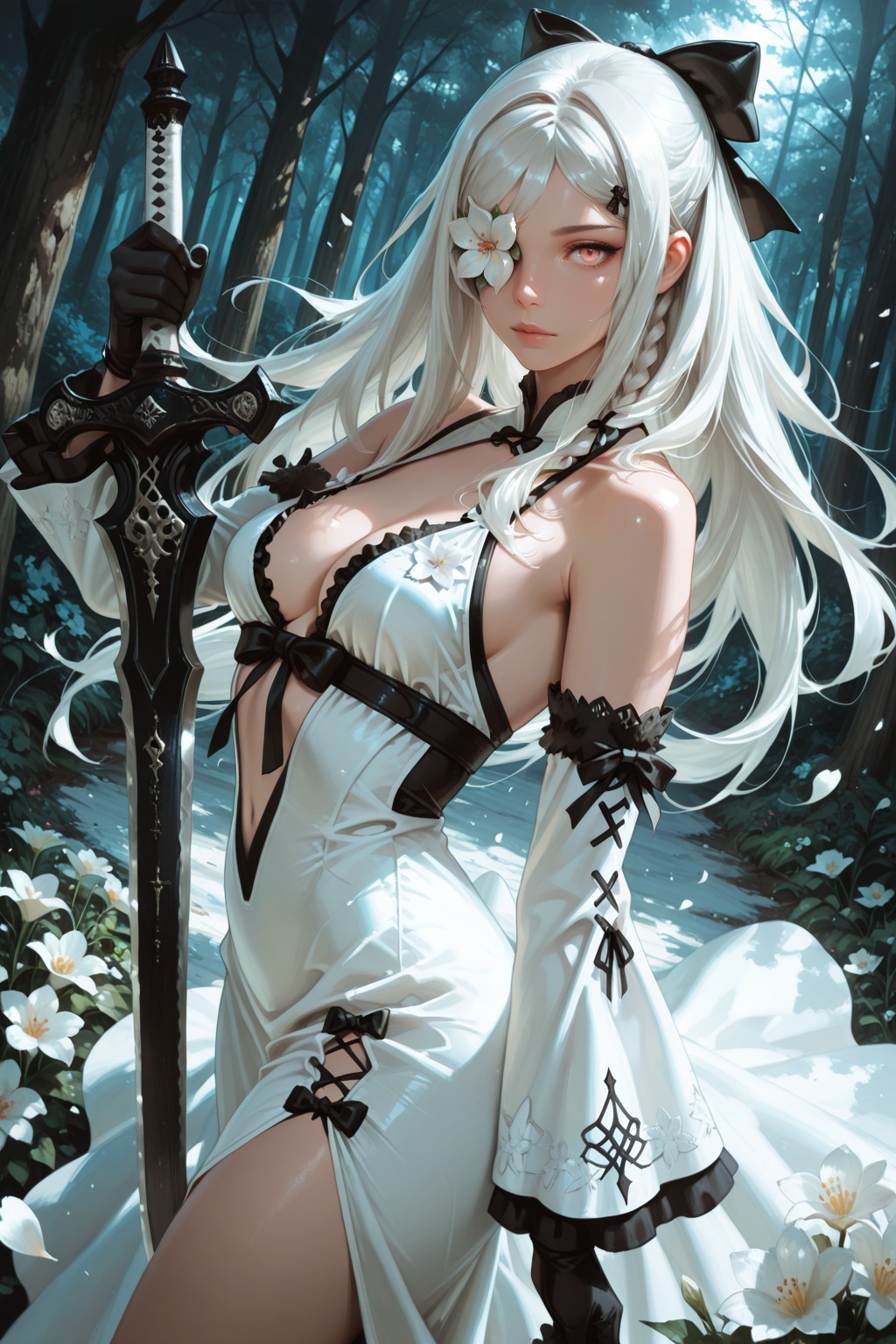 masterpiece, best quality, newest, absurdres, highres, dynamic angle, cinematic lighting, volumetric lighting, zero \(drag-on dragoon\), alternate costume, 1girl, solo, long hair, looking at viewer, dress, bow, medium breasts, center_opening, braid, flower, white hair, black hair bow, detached sleeves, black gloves, white dress, petals, holding sword, white flower, nature, flower over eye, embroidery, black trim, from_side, flower trim, from side,  