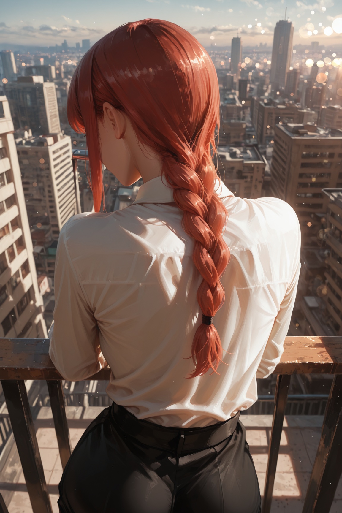 masterpiece, best quality, amazing quality, hyper-Detailed Realistic, makima \(chainsaw man\), from behind, against railing, depth of field, hyper-detailed background, cityscape, bokeh,amazing quality,dappled sunlight, shadow, cinematic, natural lighting, 