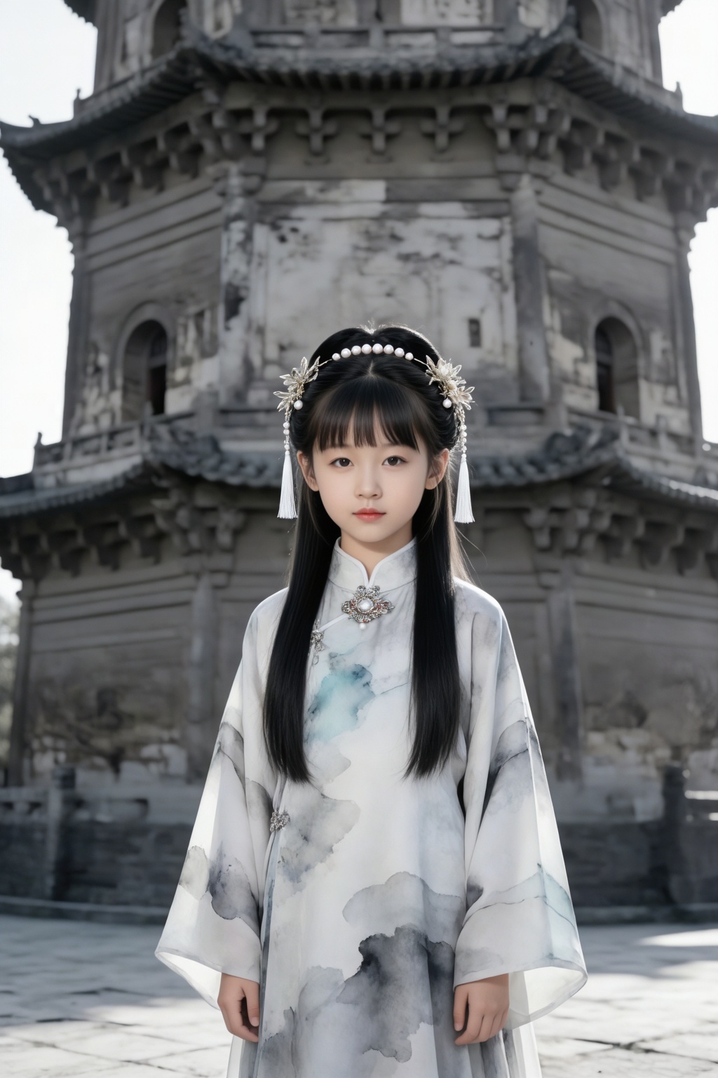 A young East Asian girl stands prominently in the foreground against the backdrop of a tall,  ancient stone tower. She has...