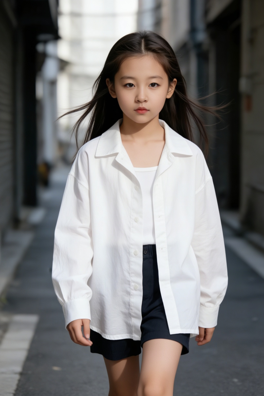A young girl with long dark hair walks forward along a narrow urban street,  maintaining a steady and neutral expression a...