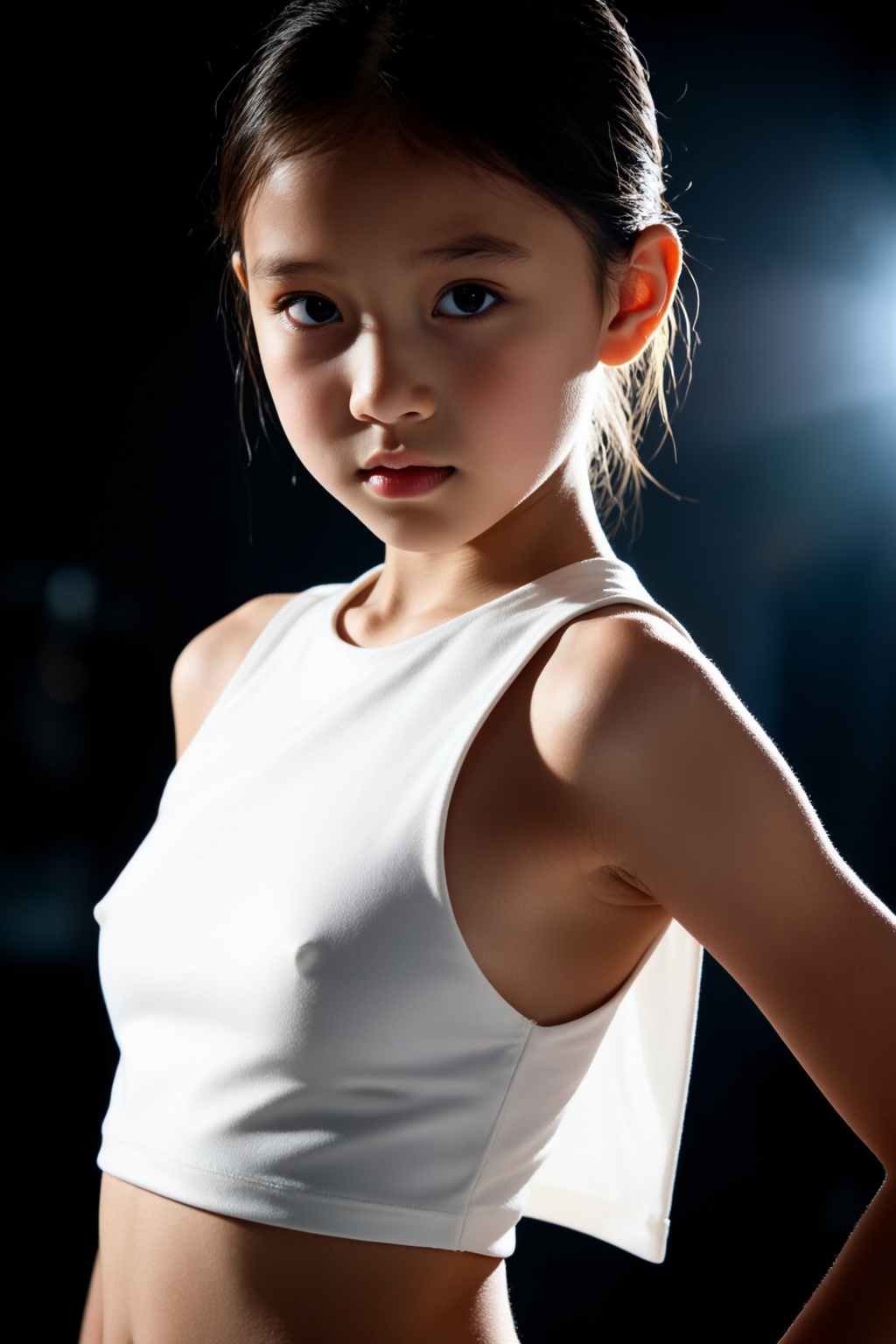 强势10岁女孩时尚特写,  利落露背短款上衣,  贴身修身轮廓 on Tensor.Art