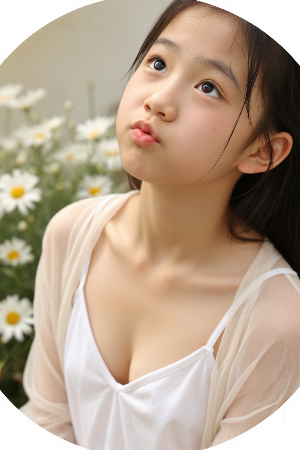 13岁东亚少女,  高角度俯拍胸像（俯拍凸显苹果肌饱满幼态,  肩颈呈柔和的弧形 on Tensor.Art