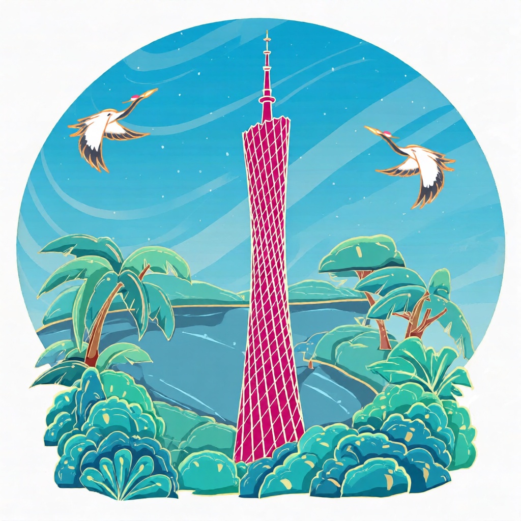 XSDB,圆形构图定格广州塔风姿,珠江雾霭与热带绿植环绕周身,玫红与青蓝撞色,流畅线条描绘塔体曲线,轻柔笔触晕染水汽,白鹭翩飞,摩登又雅致