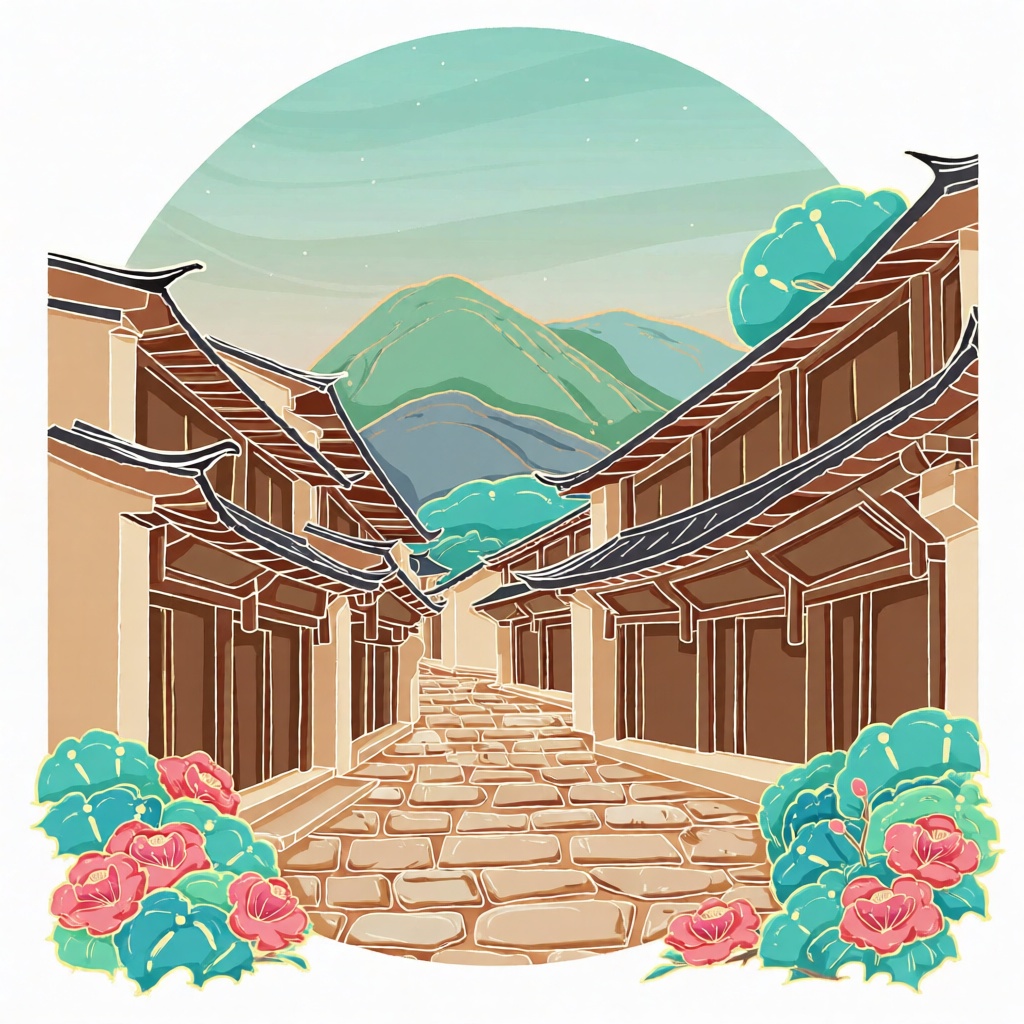 XSDB,圆形画面展现丽江古城,滇中山峦与石板街巷交织,土褐、鲜青质朴色调,随性线条勾勒木楼轮廓,淡彩笔触晕染杜鹃,尽显滇西古镇的悠然质朴