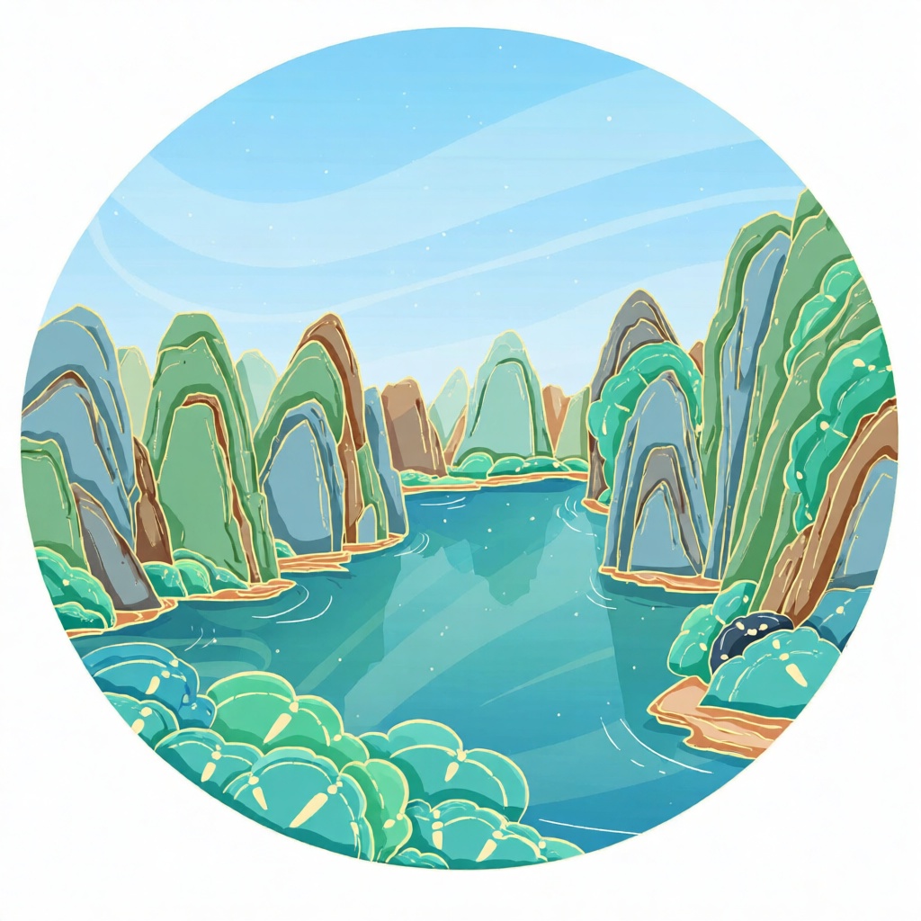 XSDB,圆形新式国画绘桂林漓江山水,峰林与碧水相映成趣,苍绿、天蓝通透色调,柔婉线条勾勒山形,轻染笔触表现水波,空灵笔触演绎桂林山水的秀美绝伦