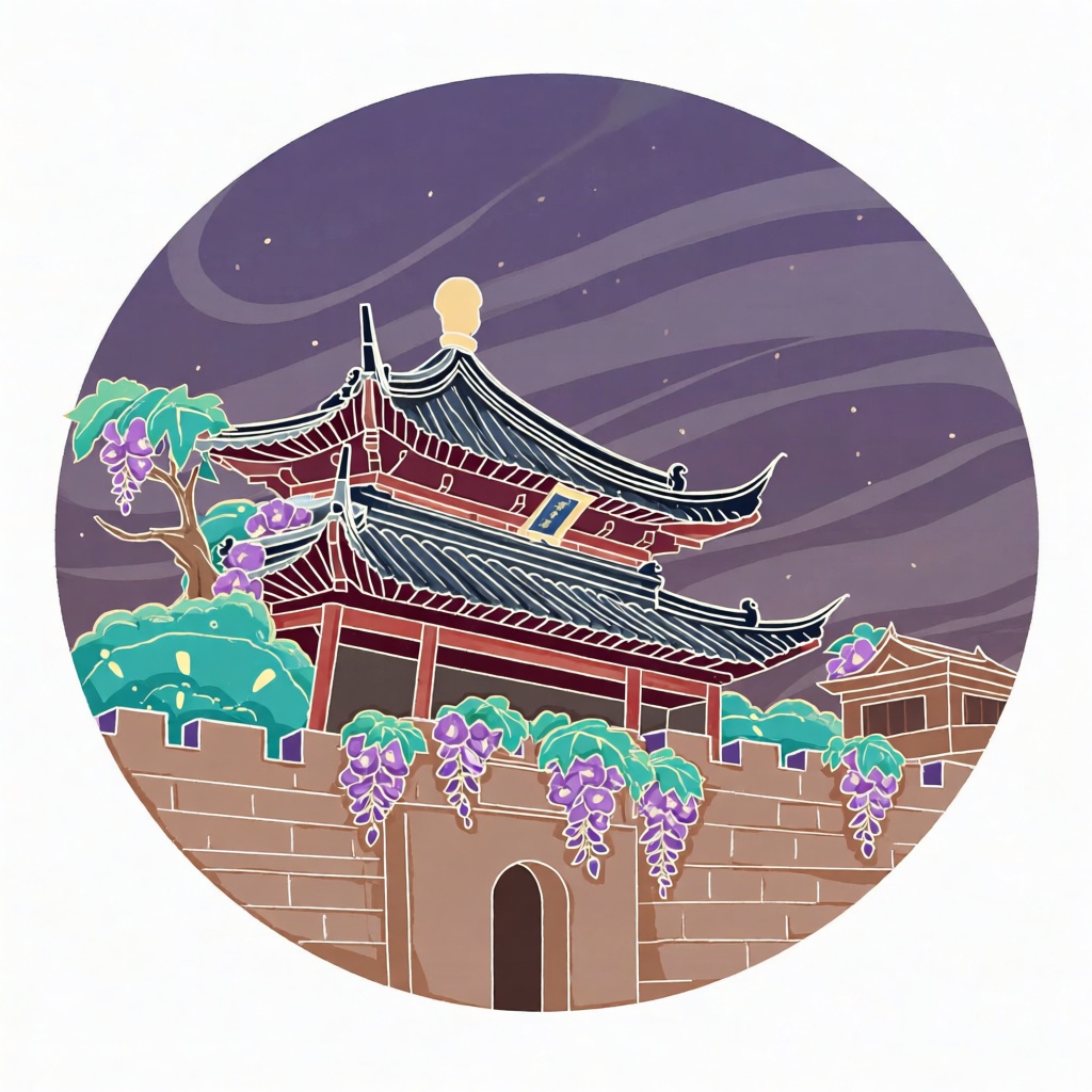 XSDB,中式圆形画幅承载南京夫子庙,古城墙与紫藤缠绕古建,深紫、胡桃色温润画面,工整线条刻画庙檐轮廓,平涂技法塑造层次,尽显金陵古城的儒雅底蕴