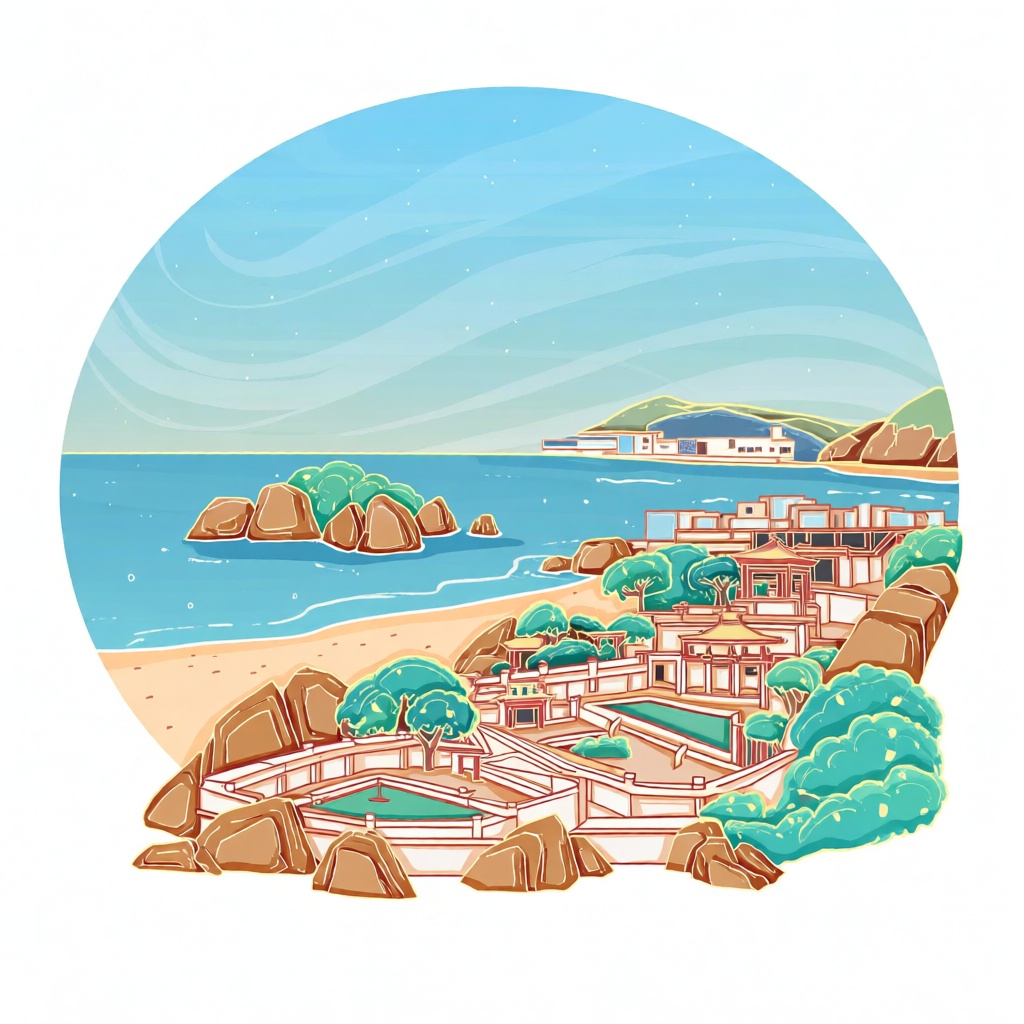 XSDB,新式国画圆形构图呈现厦门鼓浪屿,海岸礁石与南洋庭园错落,海蓝、沙米色铺陈,灵动线条刻画海岛轮廓,轻渐变塑造水汽质感,尽显海滨小城的清新闲适