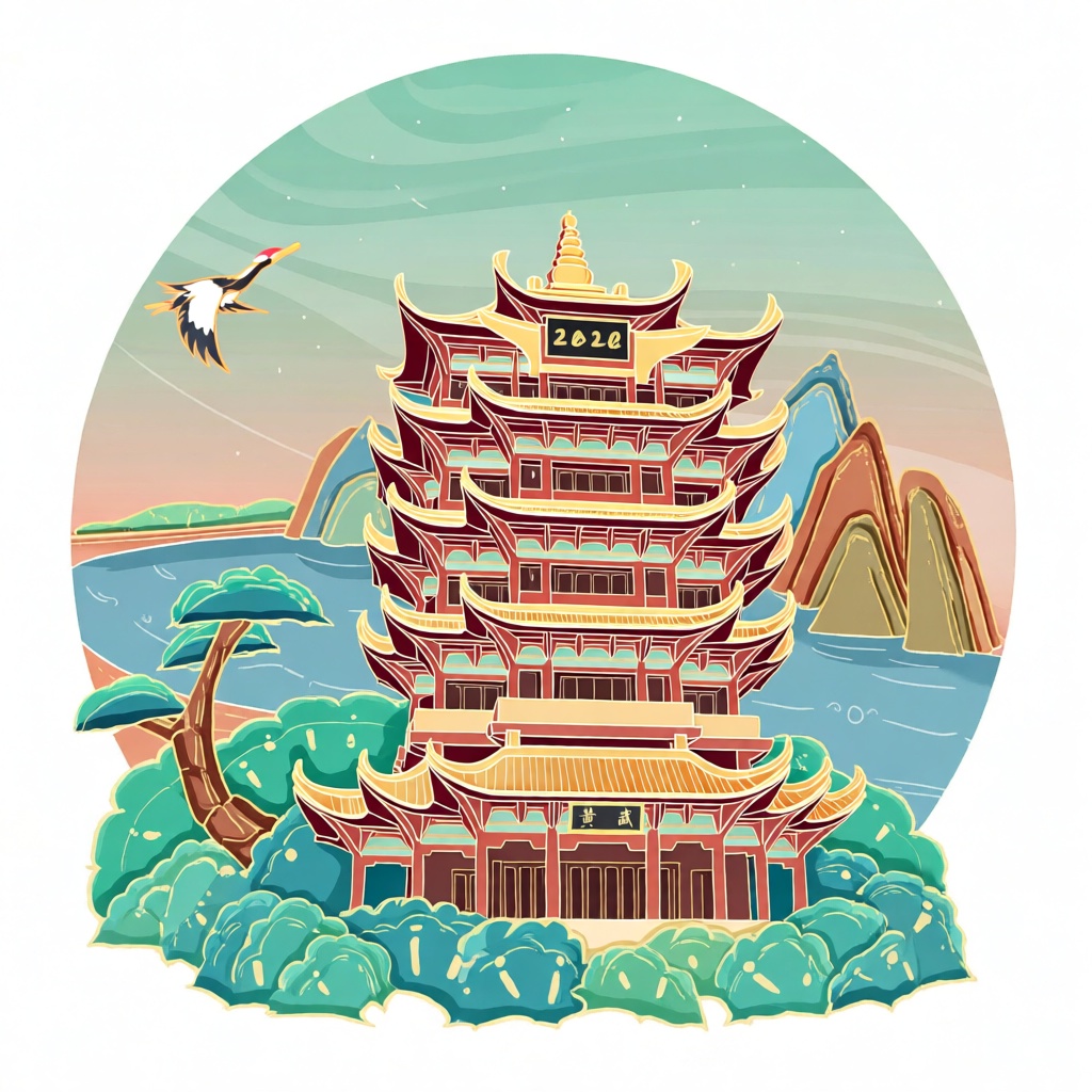 XSDB,以圆形新式国画绘武汉黄鹤楼,长江烟岚与松峦环抱楼阁,金珀、苍绿调和色彩,舒展线条勾勒楼体,淡彩渐变营造旷达意境,尽显江城的豪迈气韵