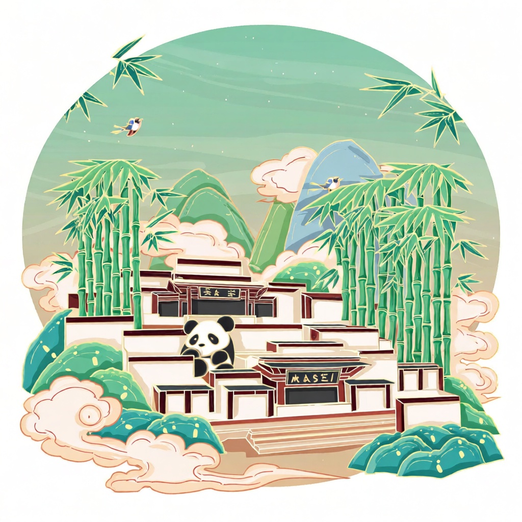XSDB, A circular composition frames the Chengdu Panda Base nestled among stylized, layered bamboo forests and gentle hill motifs, rendered with clean, confident linework in fresh bamboo green, milky white, and soft chestnut tones. Bold black outlines define bamboo stalks and pavilions, while flat color fields with subtle gradient washes suggest depth without heavy shading. Textured brushwork appears in the cloud forms and bamboo leaves, adding gentle variation to otherwise smooth surfaces. Fluttering bamboo leaves and tiny sparrows balance the composition, enhancing the sense of harmony. The overall mood is lively and peaceful, evoking classical landscape painting through modern illustrative simplification and rhythmic visual repetition.
