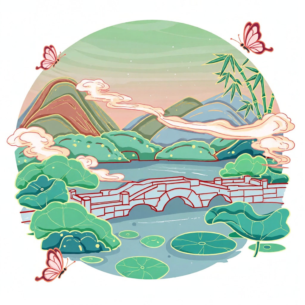 XSDB,圆形构图环抱杭州西湖,景致坐落于写意的层叠烟峦与荷塘纹样之中,以干净利落的线条勾勒,采用翠绿、柔粉、雾蓝配色。粗黑轮廓线刻画石桥与荷叶形态,平涂色块搭配柔和渐变塑造空间层次,无浓重明暗阴影。云雾与竹丛处运用质感笔触,为平滑画面增添细腻变化。两只粉蝶翩飞平衡画面四角,尽显和谐气韵。整体氛围温婉诗意,以现代简化的插画语言与韵律化视觉节奏,演绎中式古典山水意境。
