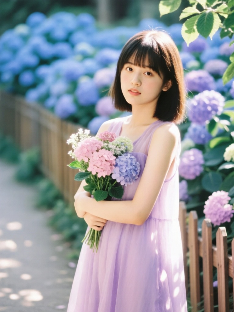 FSJP, 富士胶片色清新人像,齐刘海少女站在开满绣球花的庭院小径,双臂轻抱花束,身着淡紫色雪纺连衣裙,左侧柔光穿透花叶洒落,光斑落在裙摆与发间,背景是模糊的蓝紫色花簇与木质栅栏,富士经典青蓝调与暖粉调融合,少女眼神澄澈,花瓣的细腻肌理与发丝的轻盈感尽显,整体画面灵动又治愈。
