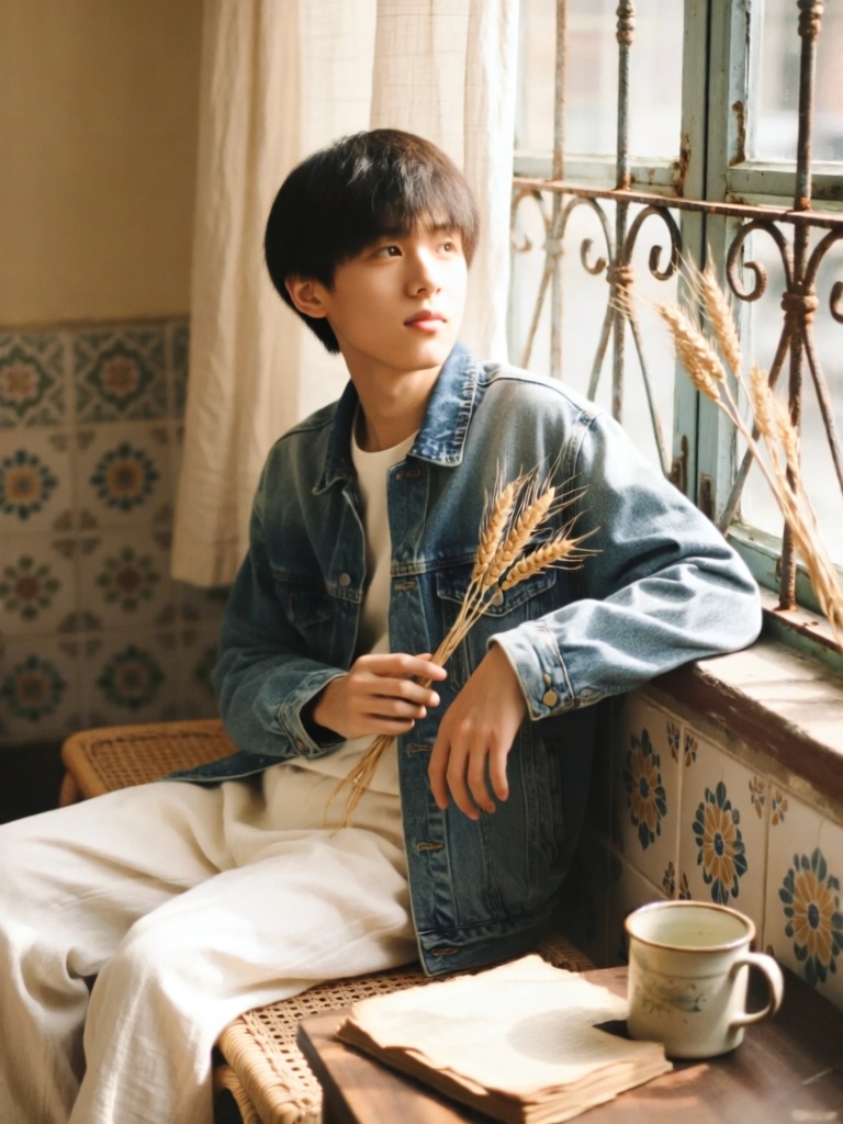 FSJP, 富士胶片色质感摄影,短发少年倚靠在做旧铁艺窗边的藤编座椅上,左手轻搭窗沿捻着干枯麦穗,身着做旧水洗牛仔外套与米白亚麻长裤,午后侧逆光从右侧斜洒,勾勒出发丝与衣料的绒面肌理,背景是模糊的复古花砖墙面与垂落的棉麻窗帘,暖调光影晕染出慵懒松弛的氛围感,少年眉眼淡然望向远方,桌面的陶瓷马克杯与旧书页的纹理清晰细腻,整体画面柔和复古且层次饱满。
