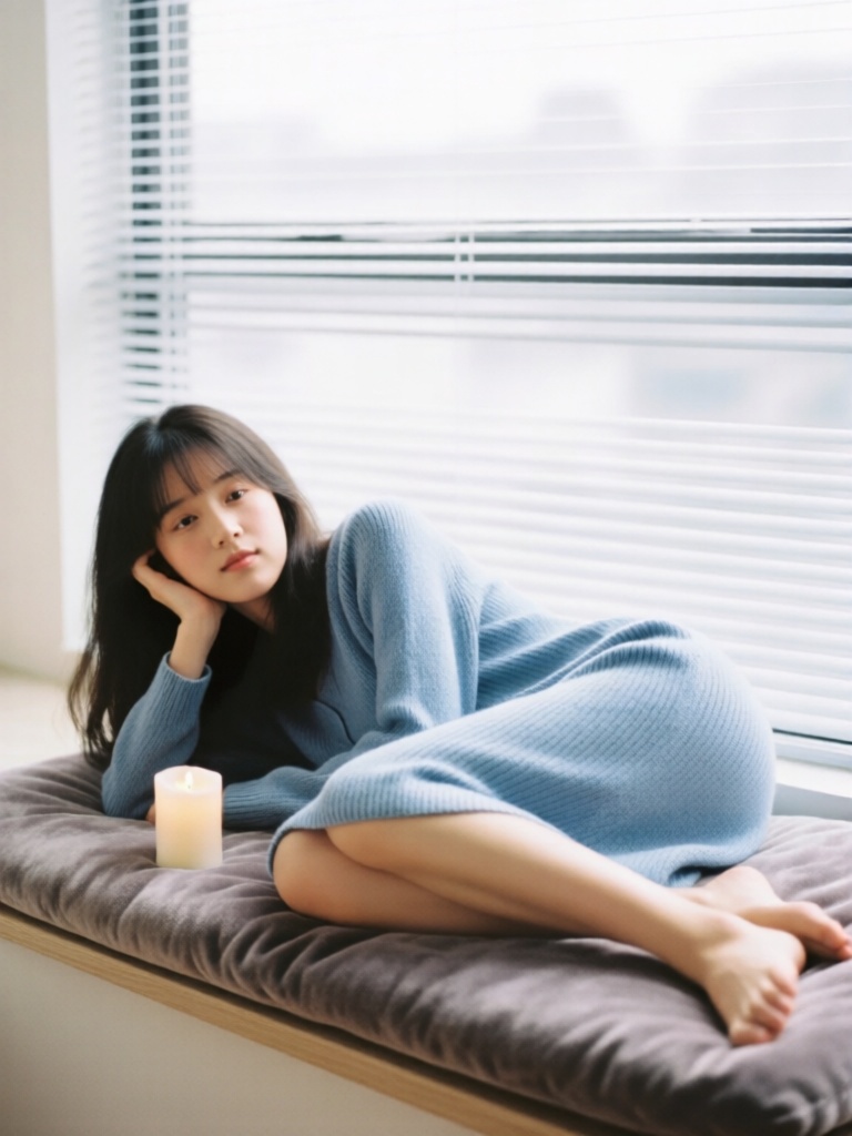 FSJP, 富士胶片色慵懒居家写真,披肩发少女侧躺在飘窗的绒面坐垫上,一条腿微曲,手轻托脸颊,身着雾霾蓝针织睡裙,窗外的阴天柔光均匀洒落,抚平肌肤与布料的纹理,背景是模糊的百叶窗与香薰蜡烛,低饱和富士色调温润柔和,少女眼神慵懒放空,绒面坐垫的肌理与蜡烛的蜡质质感尽显舒适氛围。

