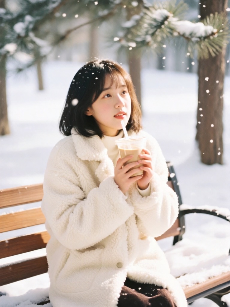 FSJP, 富士胶片色冬日暖系摄影,少女裹着米白色羊羔毛外套坐在林间积雪的实木长椅上,双手捧着热奶茶,空中飘着细碎雪花,冬日午后暖阳与户外冷冽空气形成温柔对比,背景是模糊的落雪松枝与白茫茫雪地,富士柔和暖调胶片质感,羊羔毛的蓬松肌理与奶茶杯的温热光泽尽显冬日治愈氛围