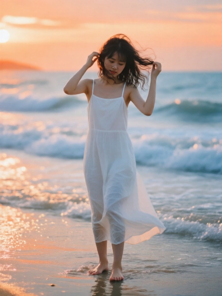 FSJP, 富士胶片色海边氛围感写真,波浪发少女赤脚站在浅滩,双手轻撩被海风拂乱的头发,身着白色吊带长裙,海边的落日柔光与海水反光交织,裙摆被海风扬起,背景是模糊的橘色晚霞与翻涌的海浪,富士蓝橙撞色胶片质感绝美,肌肤的水润质感与海水的波光粼粼尽显浪漫。
