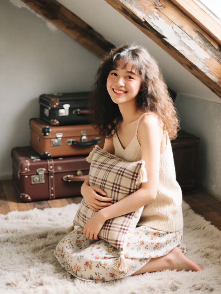 FSJP, 富士胶片色文艺人像,卷发少女跪坐于铺满羊毛地毯的阁楼角落,怀中抱着复古格纹抱枕,身着米杏色针织吊带与碎花半裙,顶部柔光漫射而下,照亮脸颊的柔和轮廓与发丝的蓬松质感,背景是斑驳的原木斜顶与堆叠的旧行李箱,浅灰调朦胧背景衬出暖调主体,少女嘴角噙着浅笑,指尖轻触抱枕流苏,地毯的绒感与木质纹理让画面充满温润的复古质感。
