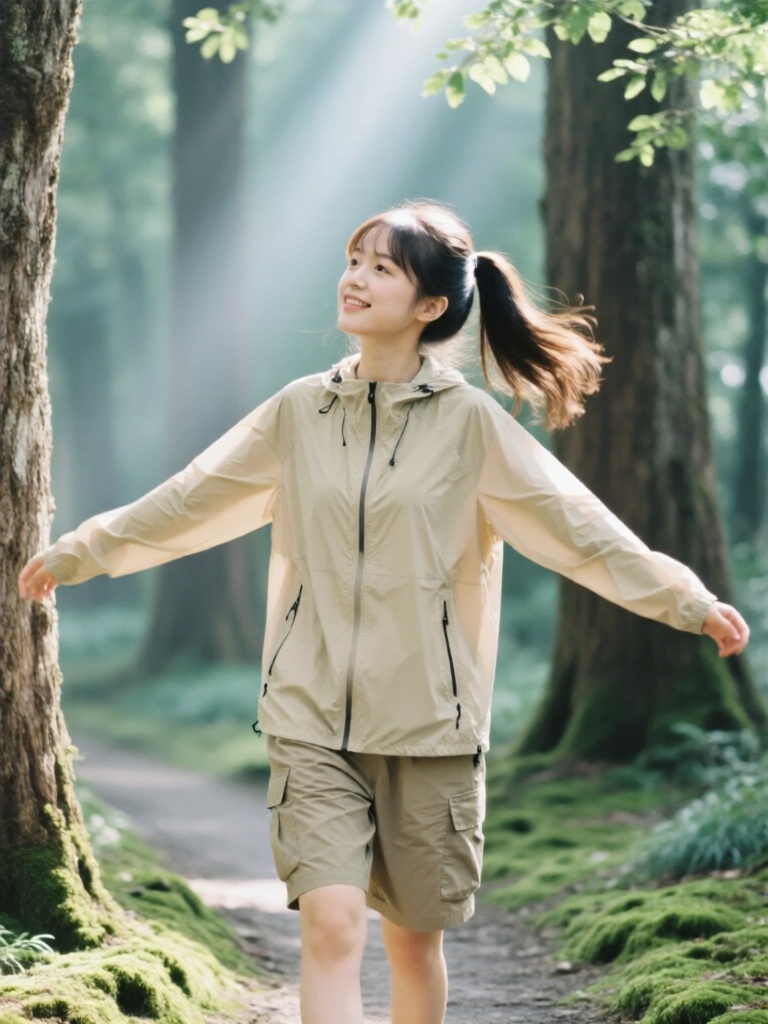 FSJP, 富士胶片色户外森系摄影,高马尾少女漫步在林间小径,双臂自然张开感受微风,身着浅卡其色户外速干衣与工装短裤,林间穿透的丁达尔光落在肩头与树叶上,背景是模糊的参天古树与苔藓地面,胶片的青绿色调浓郁自然,发丝随风飘动,树皮的粗糙纹理与衣料的挺括感形成对比,画面充满自由气息。
