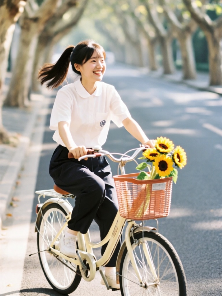 FSJP, 富士胶片色街头少女感摄影,扎高马尾的女生骑着复古自行车,单手扶车把,另一只手轻抓车筐的向日葵,清晨的柔和阳光照亮车身与笑脸,背景是模糊的梧桐林荫道与柏油路面,富士清新亮调胶片质感,自行车的金属漆面与花瓣的鲜艳纹理尽显元气满满。
