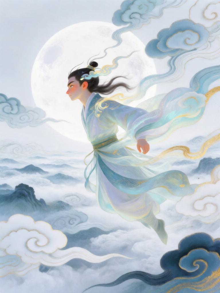 ZSQH,洒脱自在的九霄云使翱翔于千层云海之间,被月白与烟青交织的云涛环绕；构图采用开阔横向布局,周遭环绕舒展飞扬的线条,描摹云卷云舒的自由姿态。流畅轻盈的线条刻画云纹与云使轮廓,朦胧渐变塑造肌肤与衣袂,衣摆与云影渐融成透明虚影。肩头与发间点缀流云微光,增添飘逸质感；明暗依靠通透叠色过渡,无生硬阴影,色调以月白、烟青为主,搭配浅蓝、鎏金点缀,营造出开阔自由、缥缈悠然的新中式奇幻氛围。
