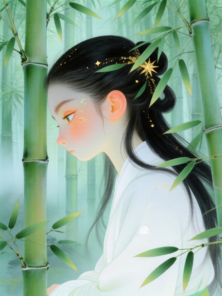ZSQH,一袭素衣的竹间少女侧倚在青碧竹影之中,发丝与竹叶相融渐隐,细腻的工笔线条勾勒眉眼与竹节,柔润的渐变晕染出雾霭竹林的通透层次,无生硬明暗,以青绿、月白、墨黑铺陈色调,星点金箔点缀发间,营造出清幽空灵的东方禅意奇幻氛围
