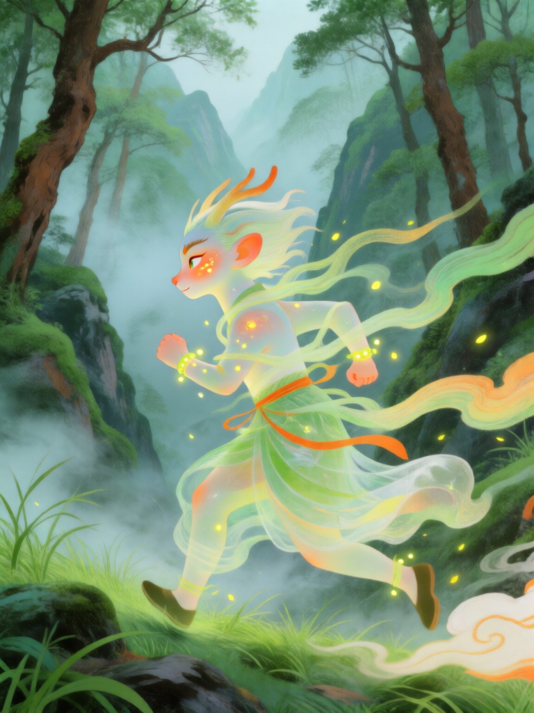 ZSQH,天真灵动的幽谷山灵奔跑于青霭山林之间,被草绿与烟棕交织的林雾环绕；构图采用动态斜向布局,周遭环绕轻快活泼的线条,描摹林风吹动的自然韵律。细腻简约的线条刻画山灵五官与草木纹理,柔和渐变塑造肌肤与发丝,裙摆与林烟相融化作半透明虚影。脸颊与手腕点缀萤火微光,增添灵动气息；明暗依靠通透叠色过渡,摒弃硬朗阴影,主色调为草绿、烟青,搭配橘黄、米白点缀,构筑出清新自然、充满生机的中式奇幻氛围。
