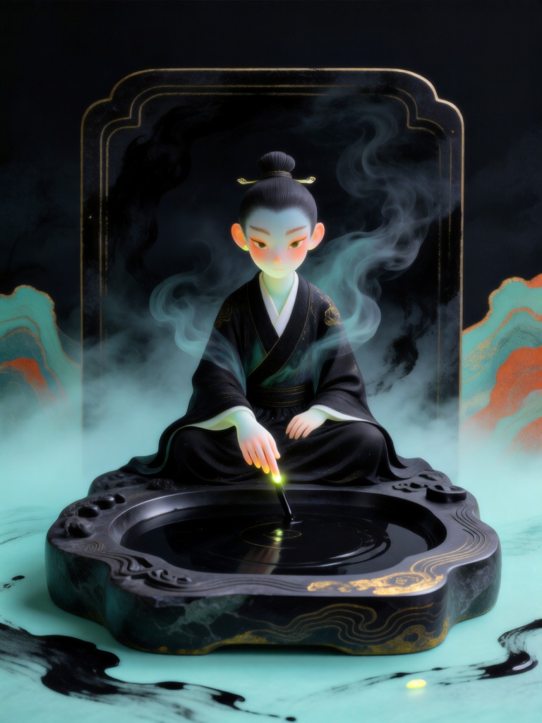 ZSQH,文雅内敛的文房砚灵端坐于墨池砚台之上,被墨黑与石青交织的墨韵雾霭包裹；构图采用方正对称布局,周身环绕沉稳舒缓的线条,呈现墨汁晕染的悠然节奏。精细工整的线条刻画砚台纹路与砚灵容颜,朦胧渐变塑造肌肤与衣袂,衣摆与墨烟相融化作虚影。指尖与砚边点缀温润荧光,提升文雅致韵；明暗依靠半透明叠色表现,无生硬阴影,主色调为墨黑、石青,搭配赭石、鎏金点缀,营造出儒雅静谧、文韵悠长的东方奇幻意境。

