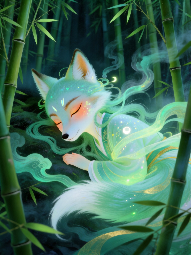 ZSQH,一位闭目凝神的青丘狐仙静卧于流光竹海之间,被翠色与玄色交织的灵韵竹雾环绕；画面采用斜向居中构图,周身缠绕韵律感的柔缓线条,勾勒竹涛浮动的悠然动态。精细工整的线条刻画狐耳绒毛与眉眼轮廓,柔和的晕染渐变塑造肌肤与狐尾,发丝与竹烟相融化作半透明虚影。眉间与衣袂点缀细碎荧光,增添空灵光晕；光影以多层通透叠色呈现,摒弃生硬阴影,色调以墨绿、竹青为主,搭配鎏金、月白点缀,营造出清幽缥缈、充满肌理质感的新中式奇幻意境。
