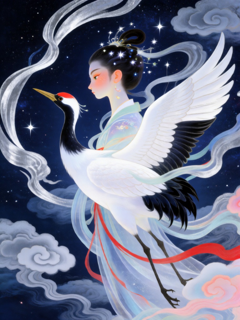 ZSQH,身姿清雅的云中鹤仙翩跹于星河云海之中,被银白与藏青流转的星带簇拥；构图以鹤身为轴心呈放射式布局,环绕灵动飘逸的流线,描摹云浪翻涌的舒展姿态。精准细腻的线条描绘鹤羽纹理与仙者轮廓,柔雾般的渐变晕染肌肤与广袖,衣摆与云雾渐融成通透虚影。肩头与发间散落星点微光,强化缥缈光泽；明暗依靠叠层半透明质感表现,无硬朗阴影,主色调为藏蓝、银灰,辅以朱红、浅粉点缀,构筑出梦幻澄澈、层次通透的中式仙幻氛围。
