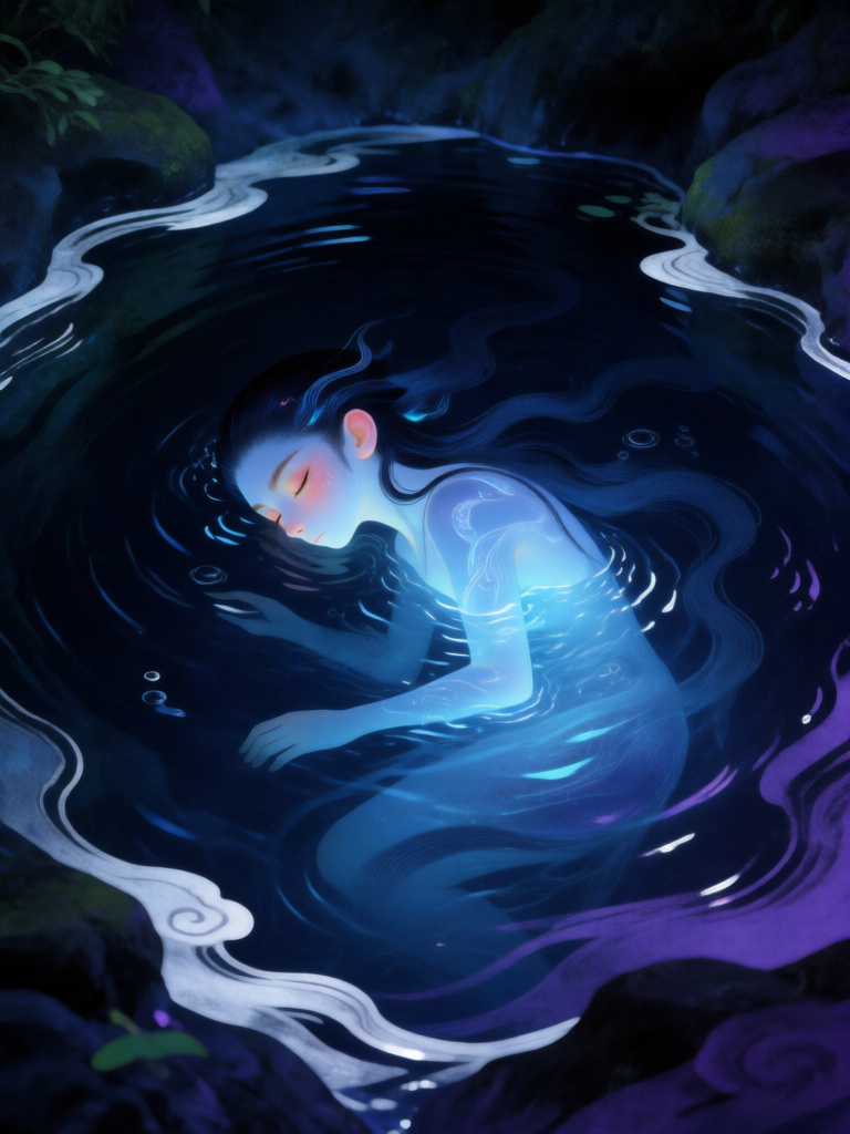 ZSQH,神秘静谧的幽潭影灵沉眠于深潭灵水之中,被墨蓝与紫黑交织的潭雾环绕；画面采用下沉式居中构图,环绕幽暗舒缓的线条,表现潭水静谧的沉寂氛围。细腻朦胧的线条刻画影灵轮廓与水波纹路,柔暗渐变塑造肌肤与发丝,身形与潭水相融化作半透明虚影。周身泛着幽蓝微光,增添神秘气息；光影以多层通透叠色呈现,无硬朗阴影,主色调为墨蓝、紫黑,搭配幽青、银白点缀,营造出幽深静谧、神秘莫测的中式奇幻氛围。