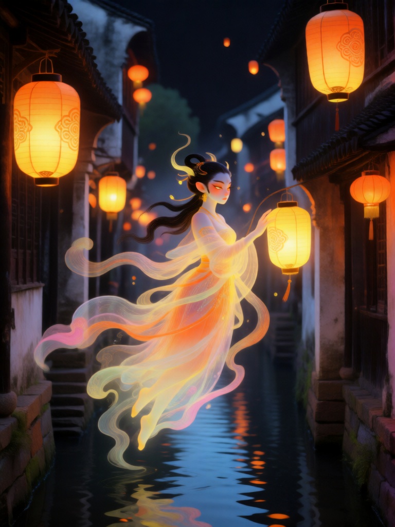 ZSQH,妖冶灵动的古巷灯魅漂浮于江南水巷之上,被暖橙与黛黑流转的灯影雾霭环绕；画面采用错落斜向构图,环绕婉转灵动的线条,表现灯火摇曳的温柔动态。细致简约的线条刻画灯笼纹样与灯魅容颜,柔润渐变塑造肌肤与发丝,裙摆与灯影相融化作半透明虚影。周身泛着暖黄光晕,强化烟火气韵；光影以多层通透叠色表现,无浓重阴影,主色调为暖橙、黛黑,搭配水蓝、浅粉点缀,营造出温婉迷离、充满烟火气的中式奇幻意境。
