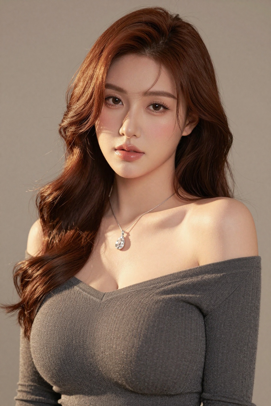 A young East Asian woman with silky,  voluminous chestnut-brown hair styled in loose waves that cascade past her shoulders...