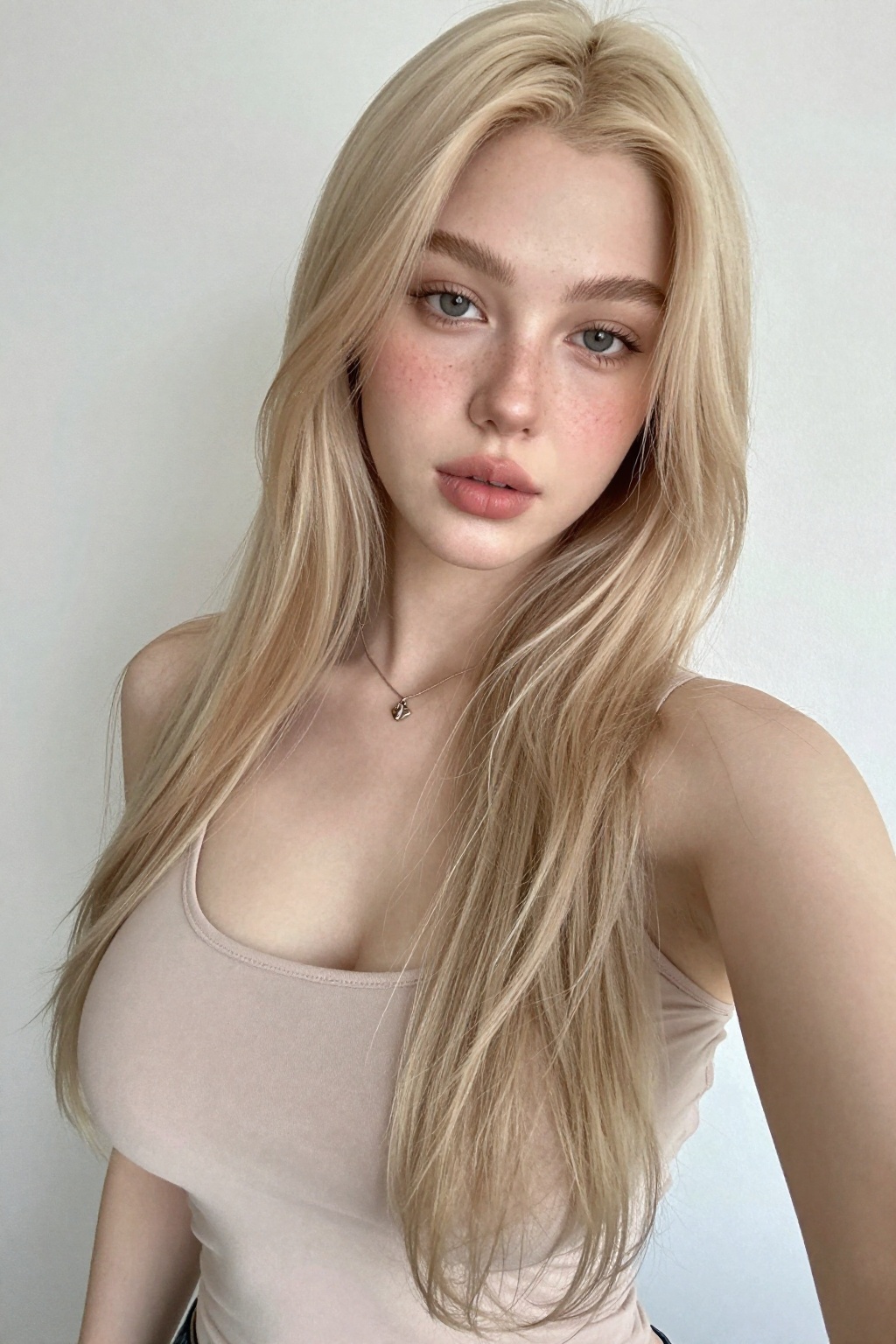 Casual smartphone selfie of a young blonde woman in her early twenties with long,  straight pale blonde hair flowing over...