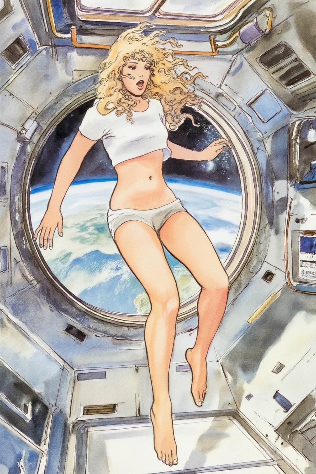 milomanara8z25 illustration.  
Blonde woman with curly long hair is floating weightless inside a space station with a large porthole. She is wearing white crop top and short shorts and barefoot, and looking outside towards earth with an surprised expression with her mouth slightly open.