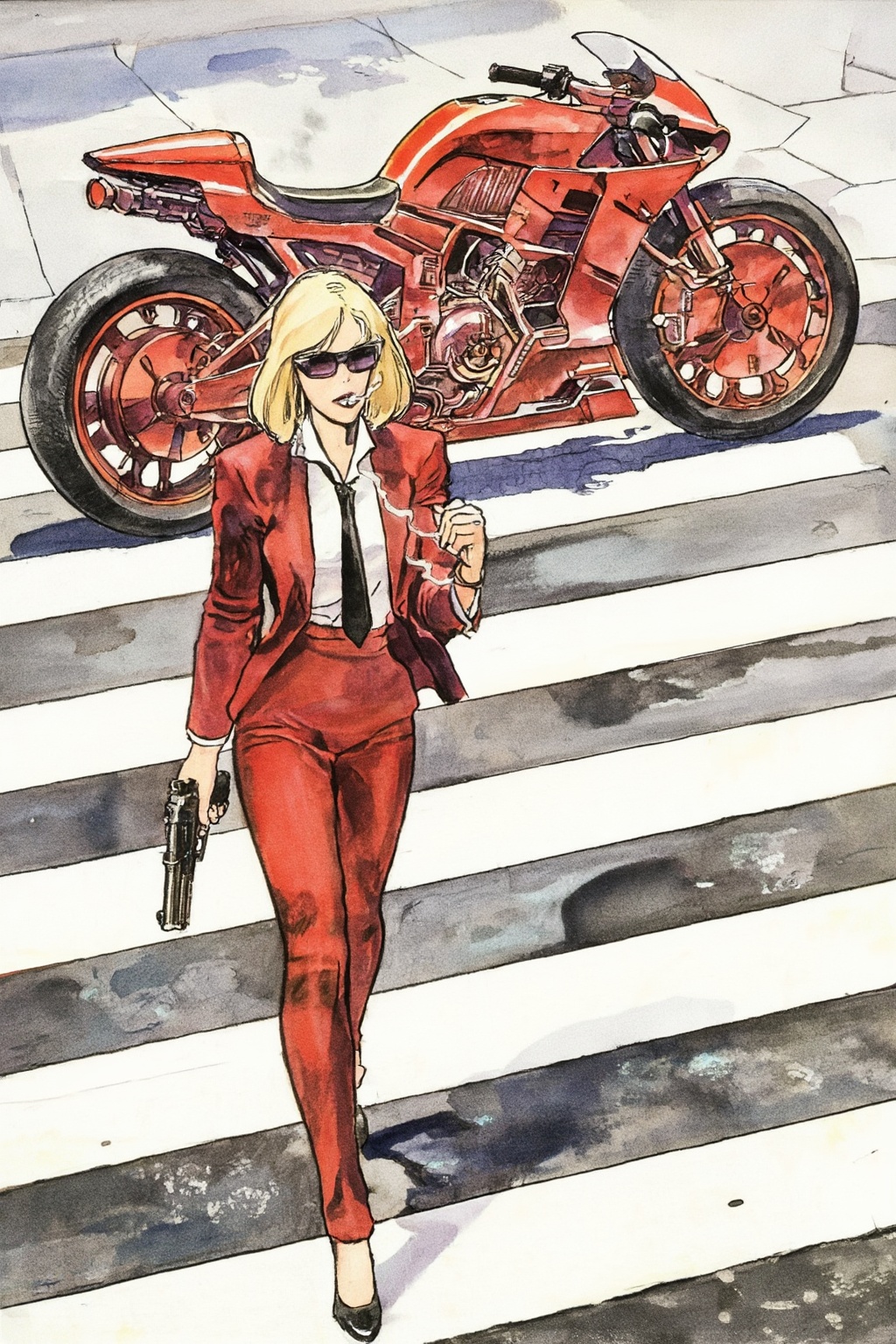 milomanara8z25 illustration.  
Overhead shot of an Blonde woman walking away from a futuristic motorcycle parked at a zebra crossing. The woman has bob hair, is smoking. She wear a red business suit, white shirt, black tie, and sunglasses. She holds a gun with a confident grip. The motorcycle itself is red, sleek and metallic, with intricate designs and a futuristic vibe 