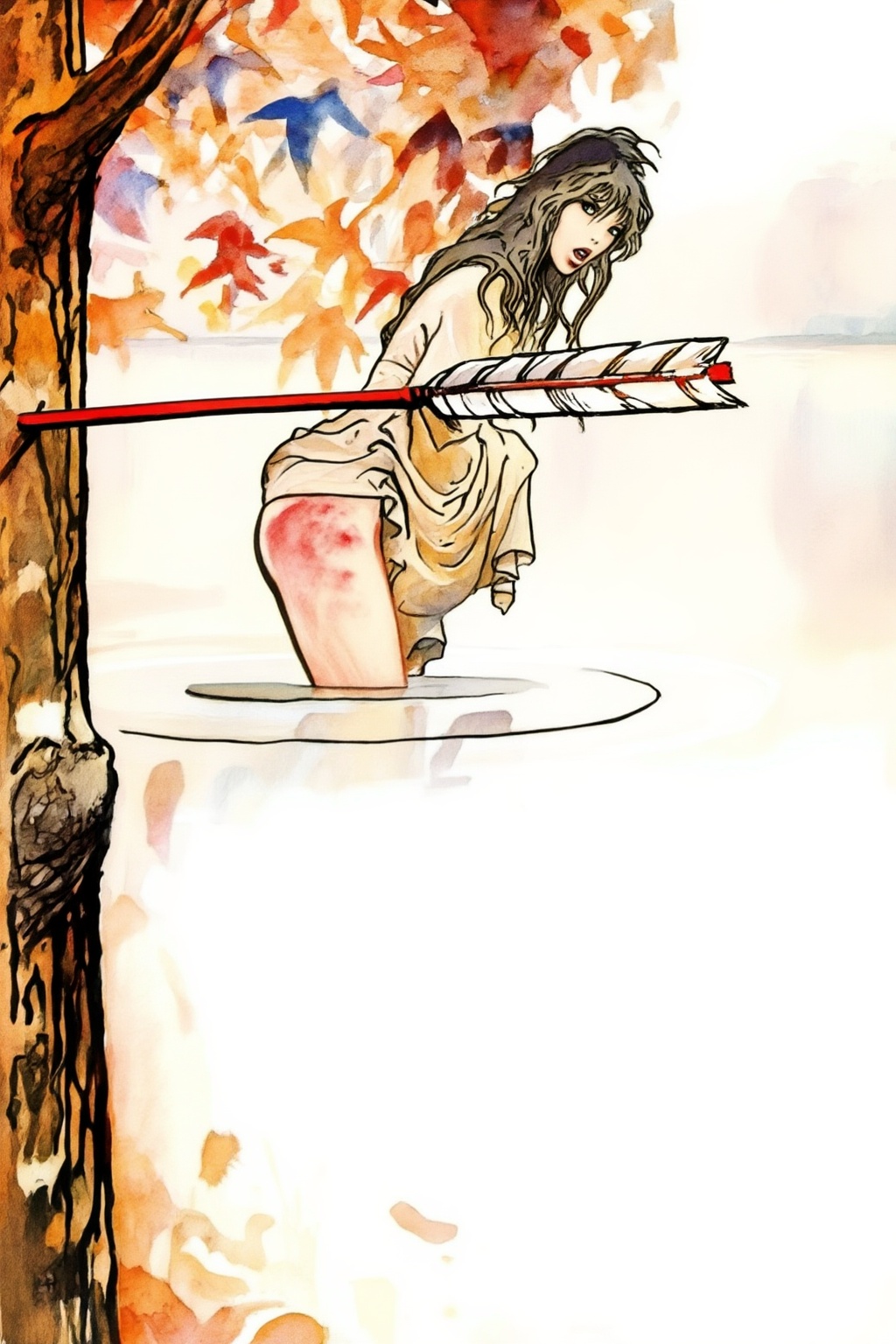 milomanara8z25 illustration.  
A woman with long, messy dark hair and is leaning forward, her body partially submerged in water.  She is turning her head to look at the viewer with a surprised expression.  She wears a flowing, light-colored garment that appears wet, with reddish marks visible on her right upper thigh. An arrow with a red shaft and white fletching visibly pierces a dark tree trunk on the left foreground.  The background features abstract watercolor-like autumnal leaves in shades of orange, red, and blue, transitioning to a light, hazy distant view. The scene is lit brightly from above.