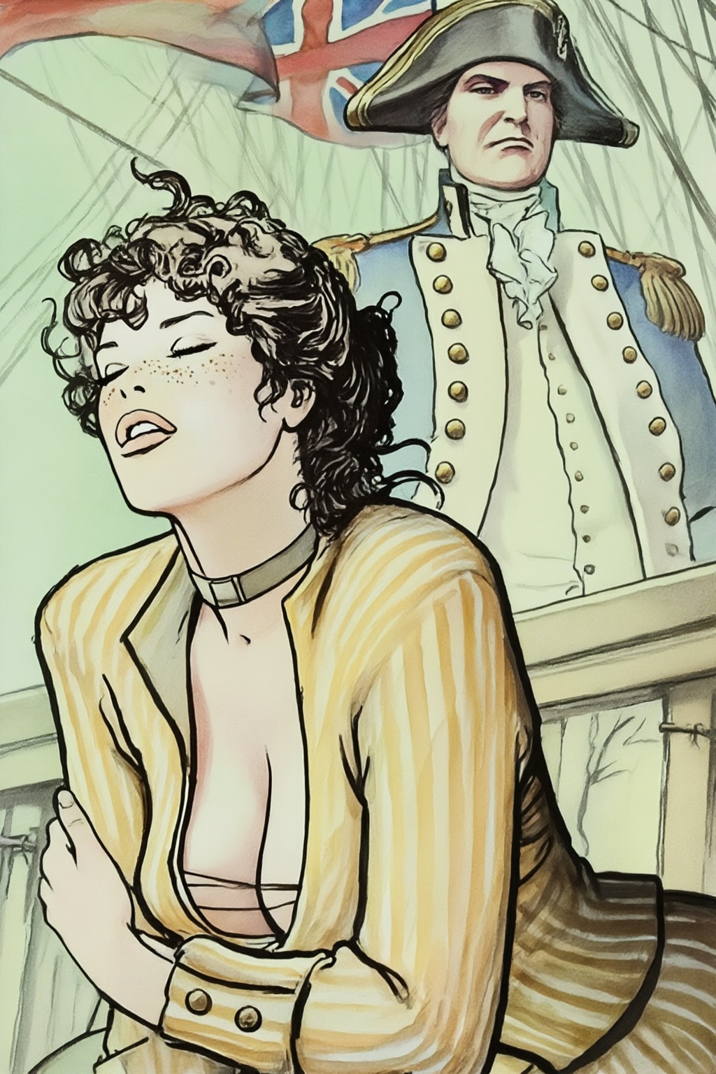 milomanara8z25 illustration.  
A scene on board a sailing ship featuring a woman with dark, curly hair in an updo and freckles on her face is depicted in the foreground, her head tilted back with her eyes closed and mouth slightly open. She wears a plain choker and a light yellow, vertically striped jacket with a deep V-neck, her arms crossed over her chest as she leans forward. Behind her and to the right, a man with a stern expression and a dark tricorn hat stands, looking off-camera. He is dressed in a light-colored 17th century military jacket with gold buttons and epaulets over a ruffled cravat. A Union Jack flag and ship rigging are faintly visible in the pale green background.