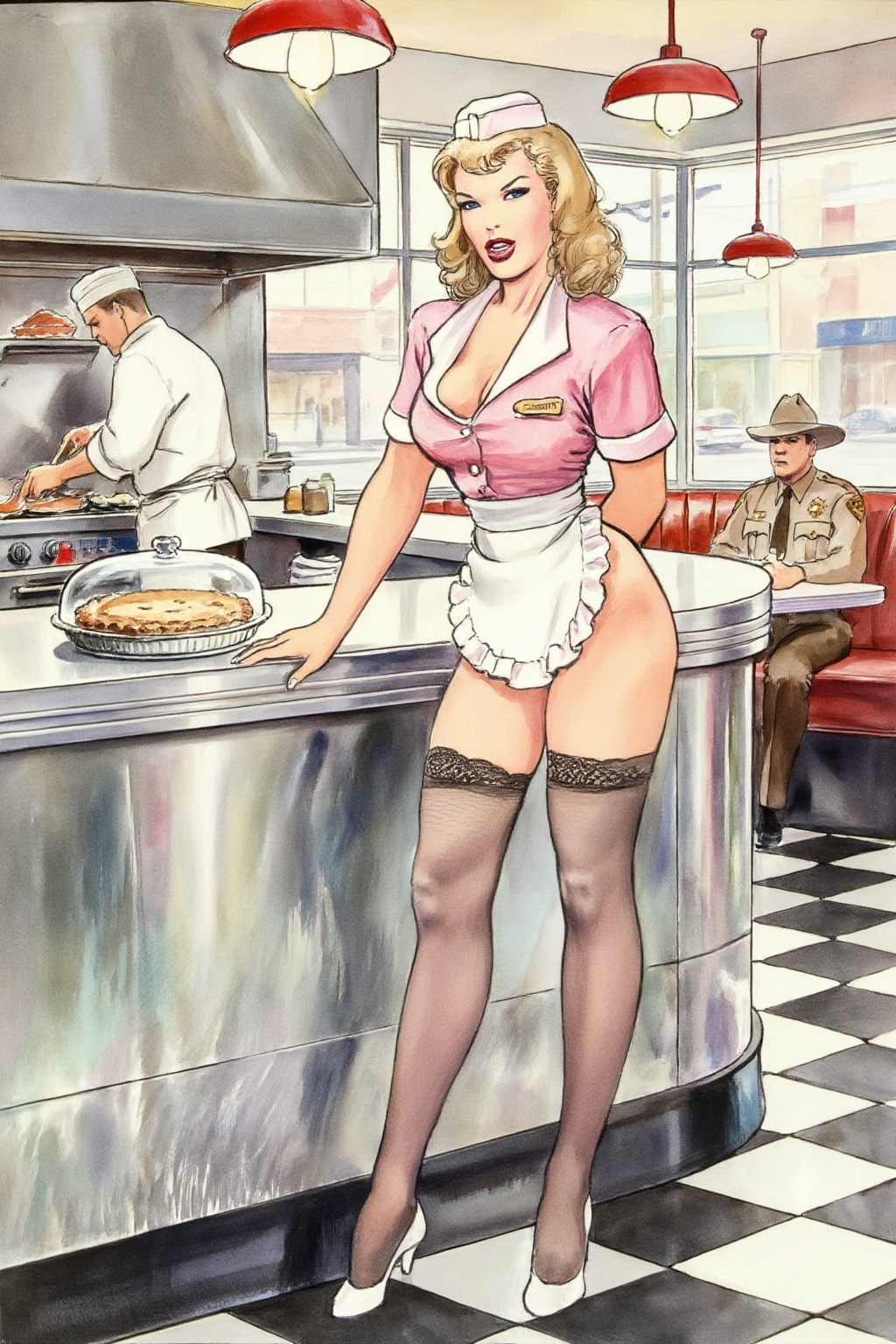milomanara8z25 illustration.  
In a bright retro diner, a voluptuous blonde woman with wavy shoulder-length hair in 1950s vintage style and blue eyes stands behind a stainless steel counter. She wears a short pink waitress uniform with a white collar, a ruffled white apron, and a matching cap, paired with dark lace-topped stockings. She looks at the viewer with her body slightly angled, resting one hand on the counter near a glass-domed pie, and one hand behind her back. She wears a name tag that says "Chastity". On the left, a man in a white chef's uniform prepares food at a stove under a metal hood. In the background to the right, a man in a tan sheriff's uniform and hat sits at a booth. The setting includes a black and white checkered floor, red hanging lamps, and large windows showing a street. This eye-level medium shot captures the woman as the central figure, with the kitchen and dining area clearly visible in the background.
