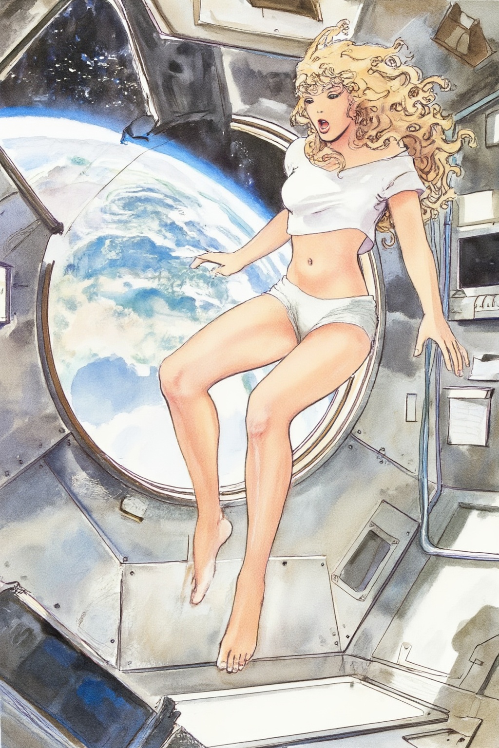 milomanara8z25 illustration.  
Blonde woman with curly long hair is floating weightless inside a space station with a large porthole. She is wearing white crop top and short shorts and barefoot, and looking outside towards earth with an surprised expression with her mouth slightly open.