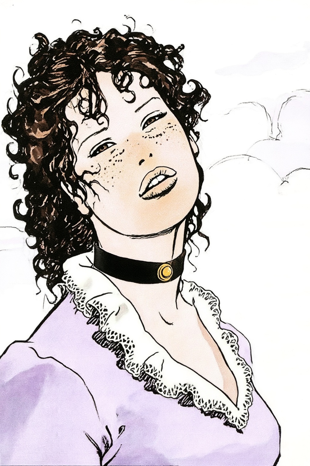 milomanara8z25 illustration.  
A woman with a face covered in freckles is depicted with her dark, curly hair framing her face. Her head is tilted back and to the left, and she looks upwards at the viewer with her lips slightly parted. She is wearing a black choker around her neck, which features a small, circular golden pendant. Her garment is a light purple top with a white, ruffled, and lacy trim around the neckline. The background is simple and white, with faint, sketchy lines that suggest distant clouds.