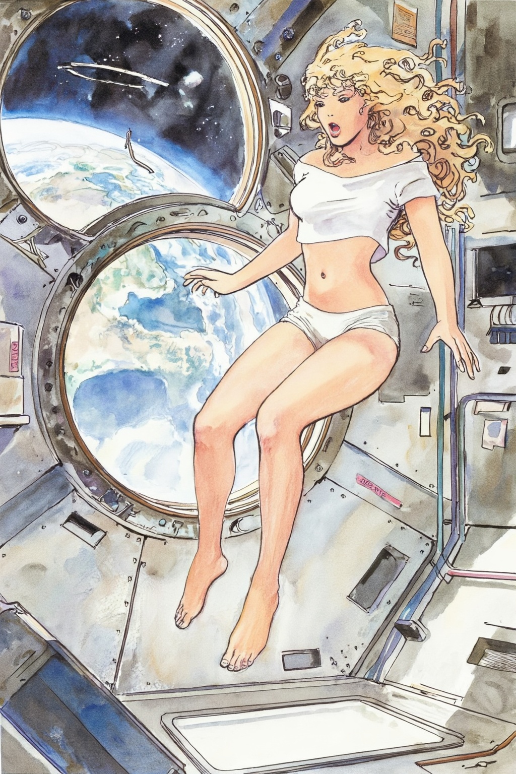 milomanara8z25 illustration.  
Blonde woman with curly long hair is floating weightless inside a space station with a large porthole. She is wearing white crop top and short shorts and barefoot, and looking outside towards earth with an surprised expression with her mouth slightly open.