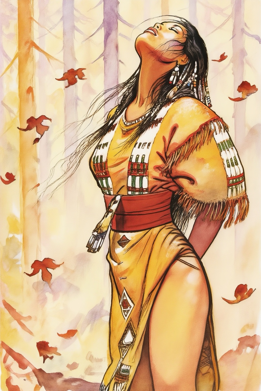 milomanara8z25 illustration.  
A Native American woman with long, dark hair, partially styled with braids and decorative beads, tilts her head back with her eyes closed, looking upwards. Her hair flows around her as she faces away from the camera. She wears a yellow-orange tunic with a patterned white, red, and green trim along the neckline and sleeves, which are fringed. A broad red sash is wrapped around her waist, and another layer of yellow-orange clothing with a geometric pattern is visible below. The background is forest scene with tree trunks in muted shades of yellow, orange, and purple, with several reddish-brown leaves scattered or falling.