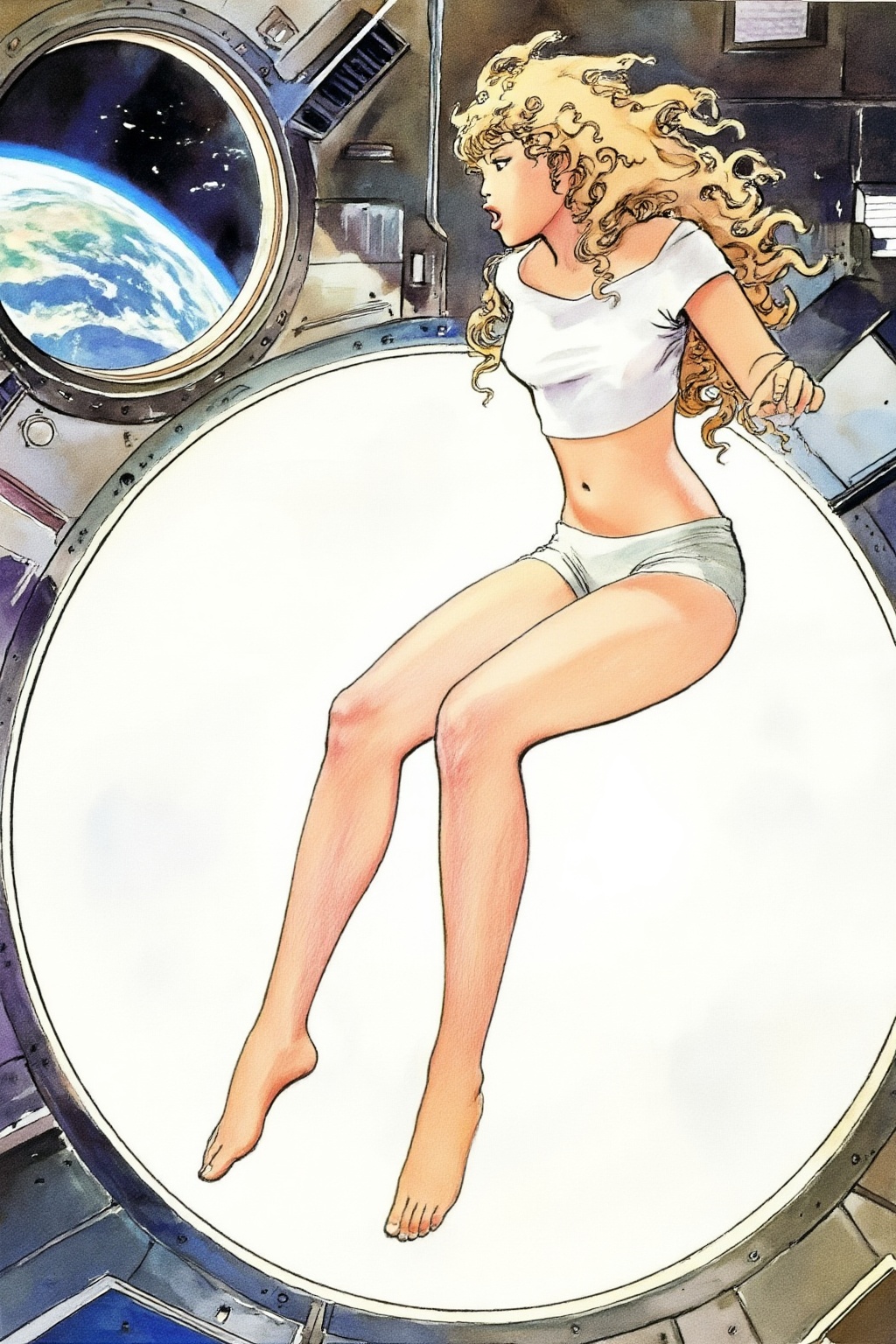 milomanara8z25 illustration.  
Blonde woman with curly long hair is floating weightless inside a space station with a large porthole. She is wearing white crop top and short shorts and barefoot, and looking outside towards earth with an surprised expression with her mouth slightly open.